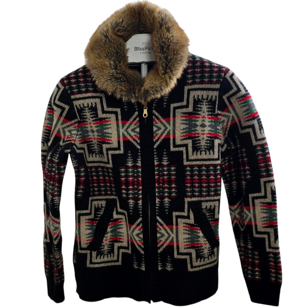 Pendleton Lambswool Southwestern Zip Sweater Removable Faux Fur Collar S Boho